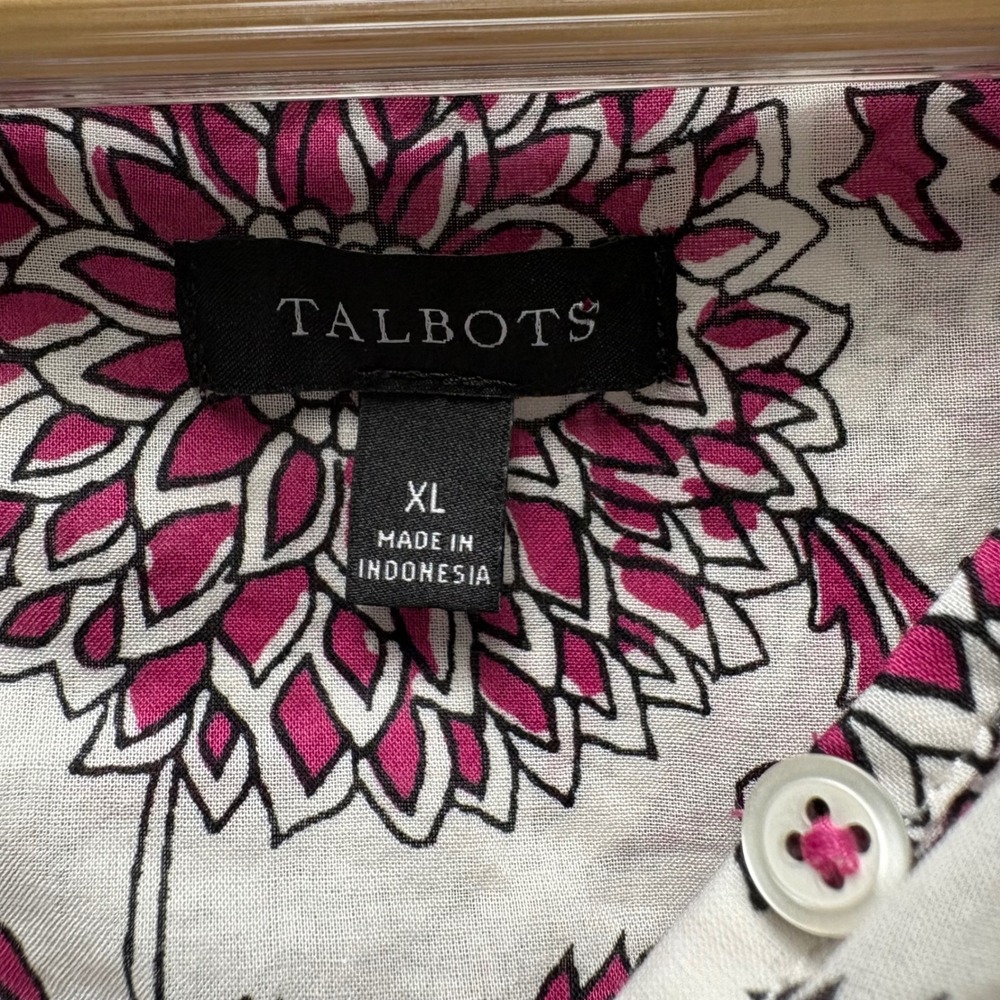 Talbots XL Pink White Dahlia Cotton Ruffle Neck Smocked Cuff Button Front Blouse - Picture 6 of 7